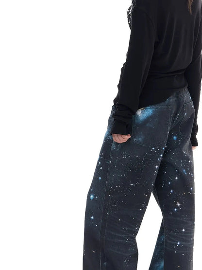 FayChui  Galaxy Print Wide Leg Pants With Starry Sequins