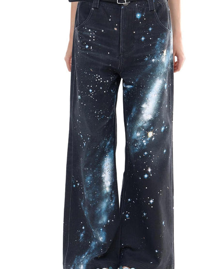 FayChui  Galaxy Print Wide Leg Pants With Starry Sequins