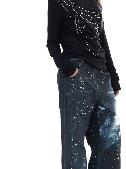 FayChui  Galaxy Print Wide Leg Pants With Starry Sequins
