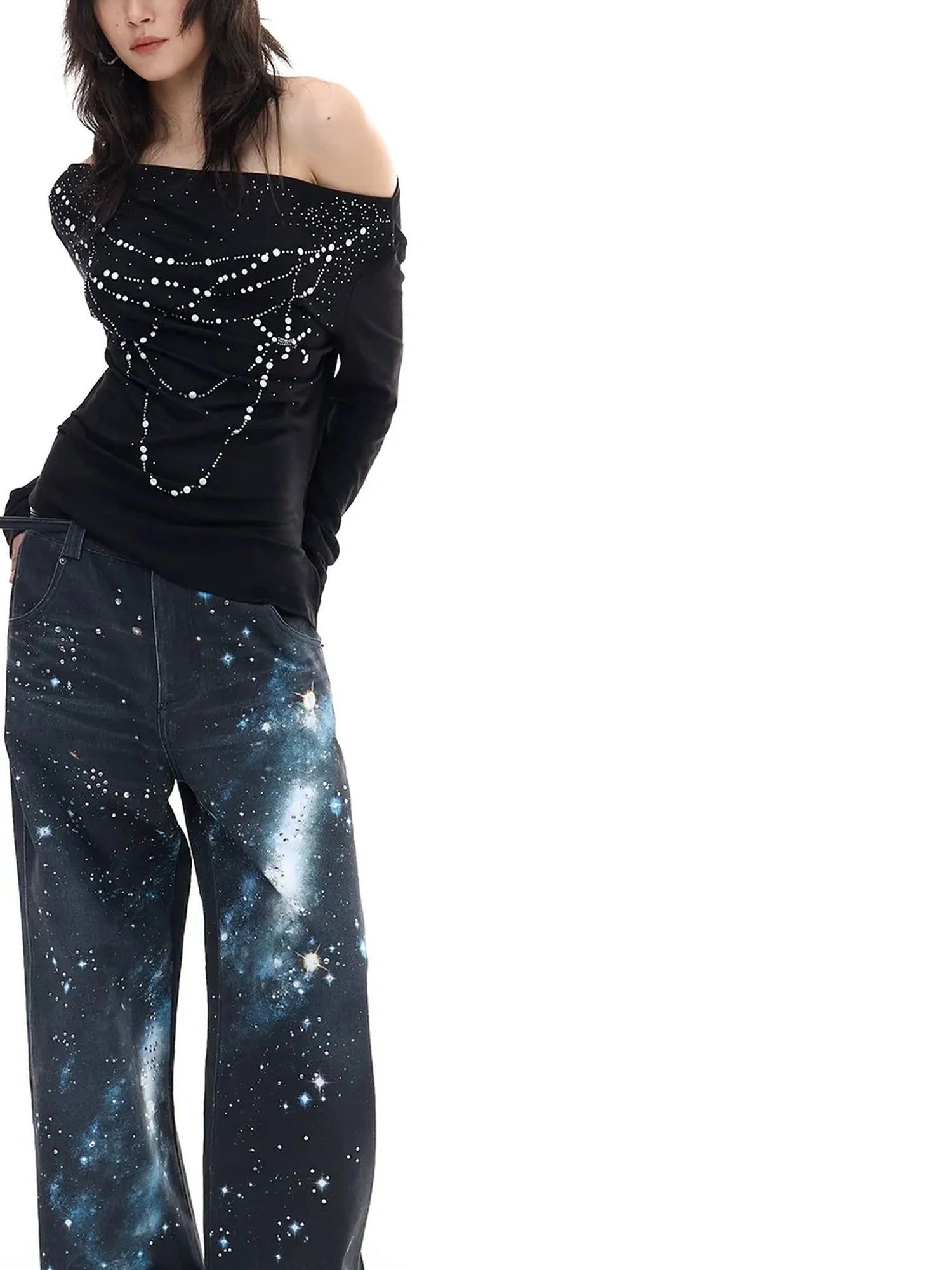 FayChui  Galaxy Print Wide Leg Pants With Starry Sequins
