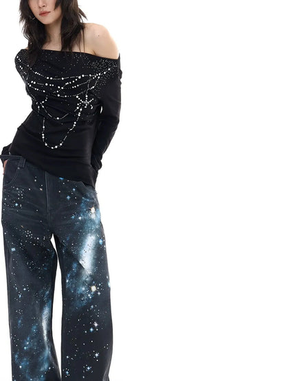 FayChui  Galaxy Print Wide Leg Pants With Starry Sequins