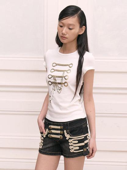 FayChui Gold Foil Print Chain Slim Women&