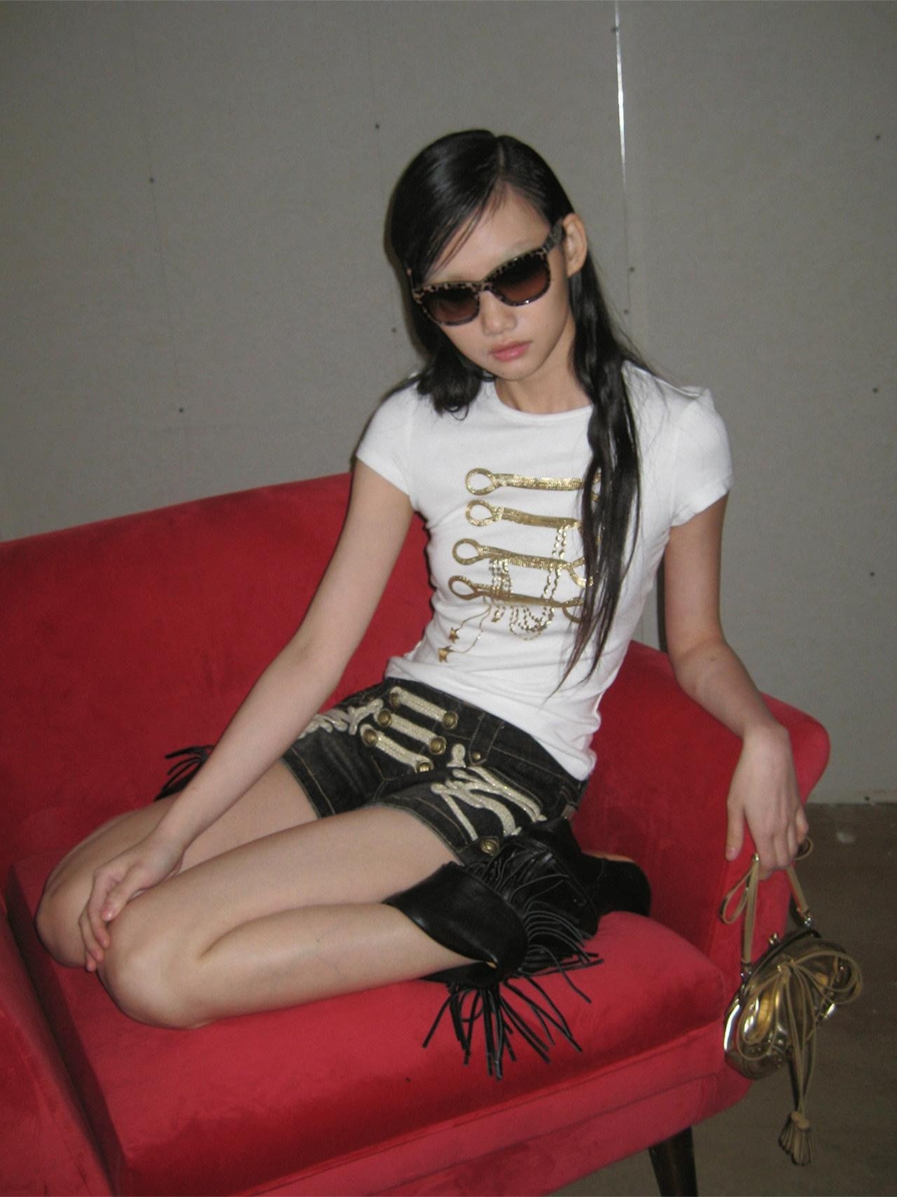 FayChui Gold Foil Print Chain Slim Women&