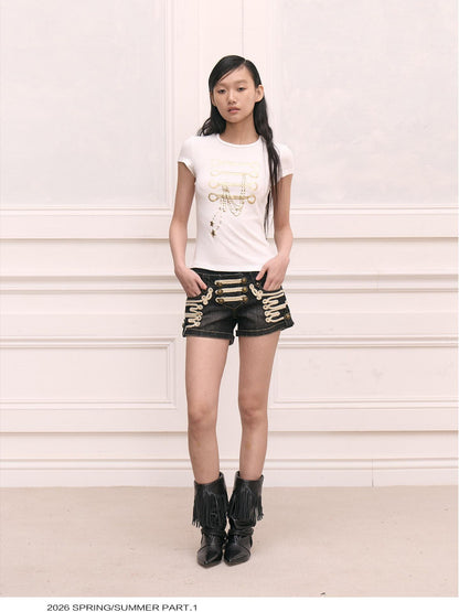 FayChui Gold Foil Print Chain Slim Women&