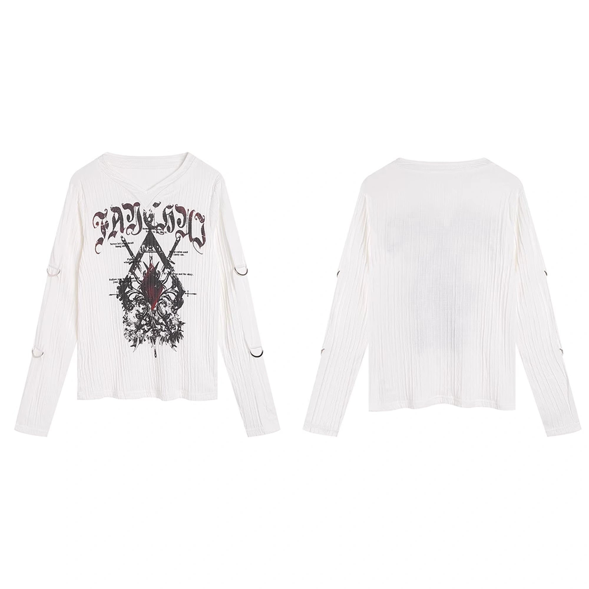 FayChui  Gothic Demon Rose Printed Long Sleeve V-neck T-shirt