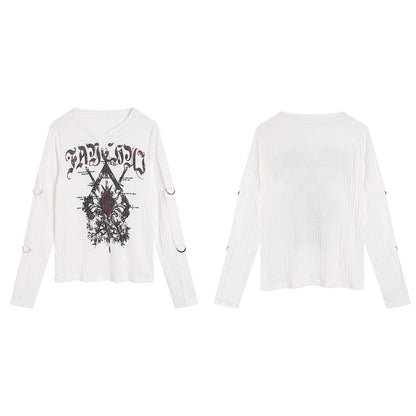 FayChui  Gothic Demon Rose Printed Long Sleeve V-neck T-shirt