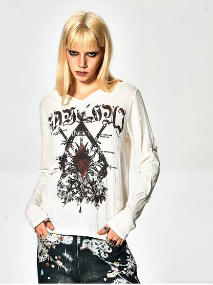 FayChui  Gothic Demon Rose Printed Long Sleeve V-neck T-shirt