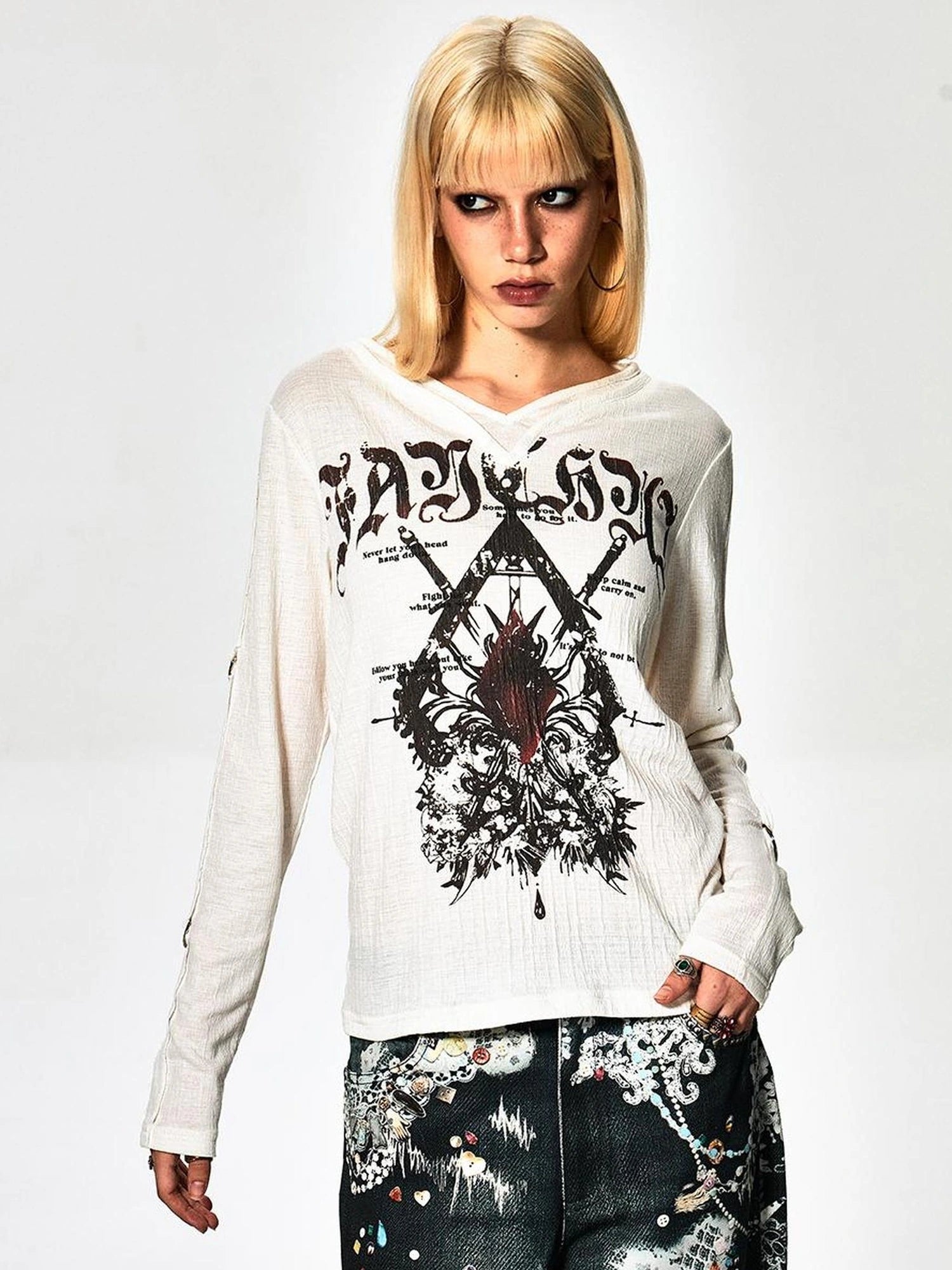 FayChui  Gothic Demon Rose Printed Long Sleeve V-neck T-shirt