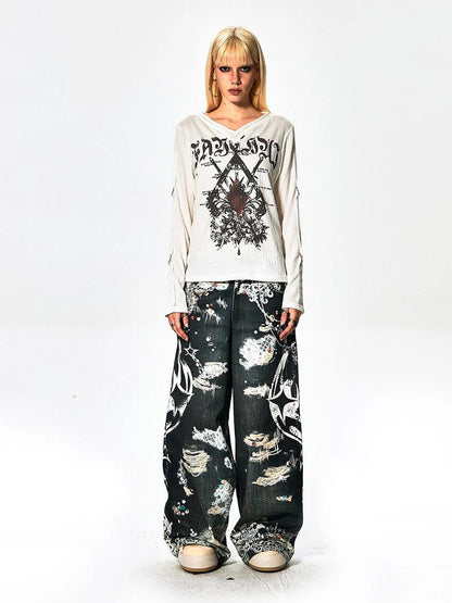 FayChui  Gothic Demon Rose Printed Long Sleeve V-neck T-shirt