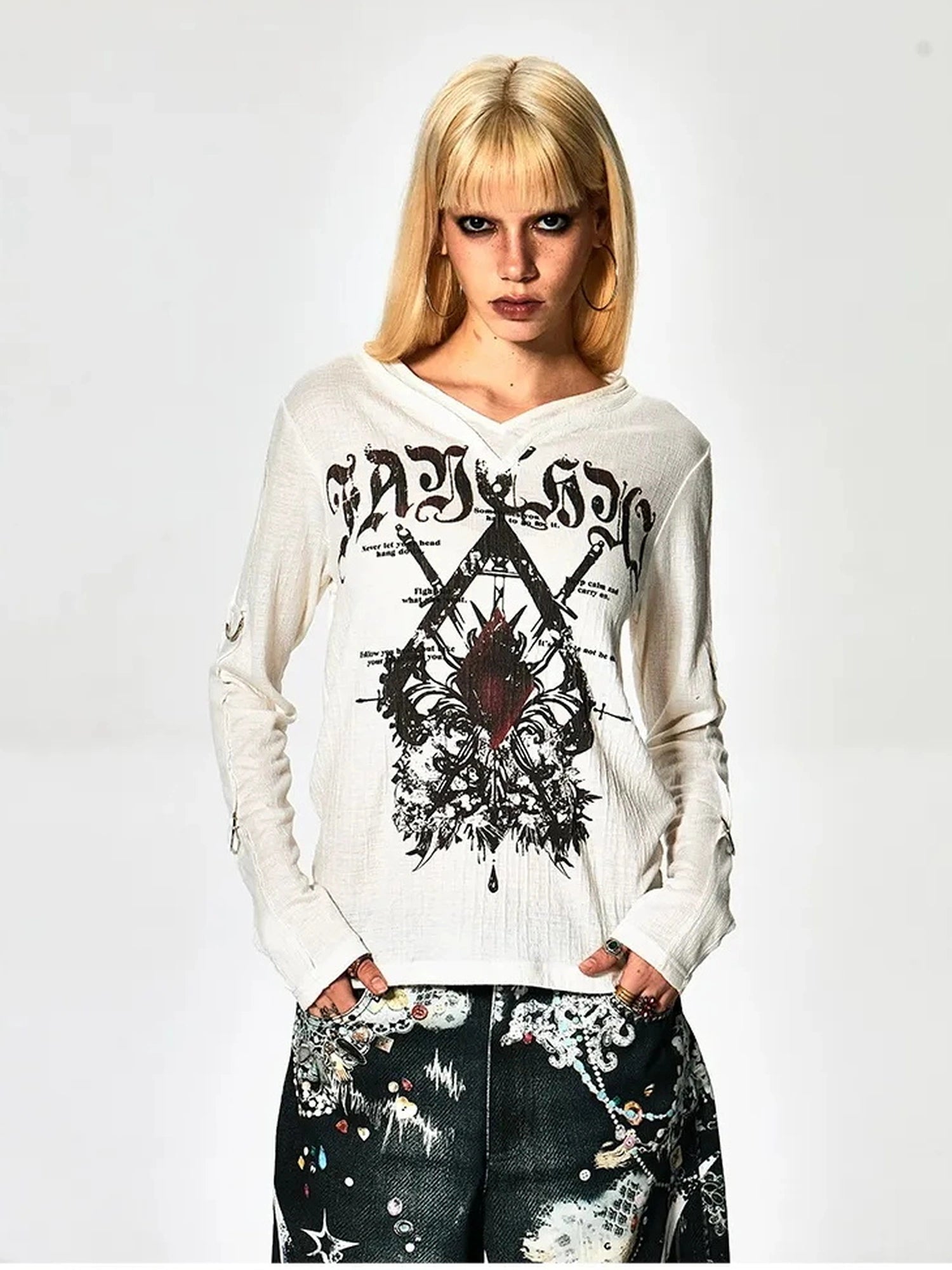 FayChui  Gothic Demon Rose Printed Long Sleeve V-neck T-shirt