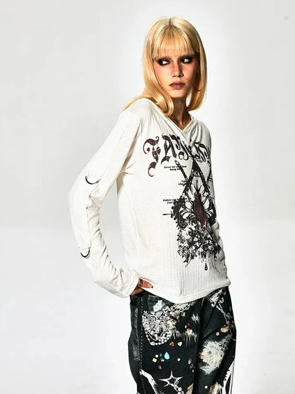 FayChui  Gothic Demon Rose Printed Long Sleeve V-neck T-shirt