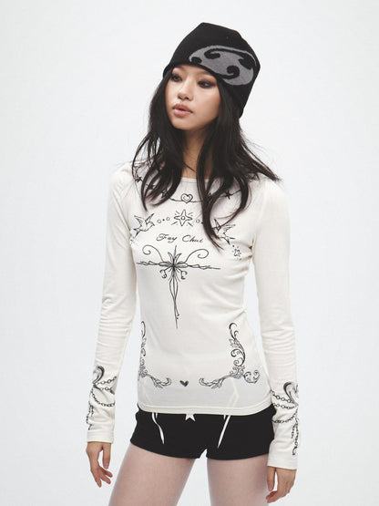 FayChui Graffiti Vintage Thorn Print Slim Women&