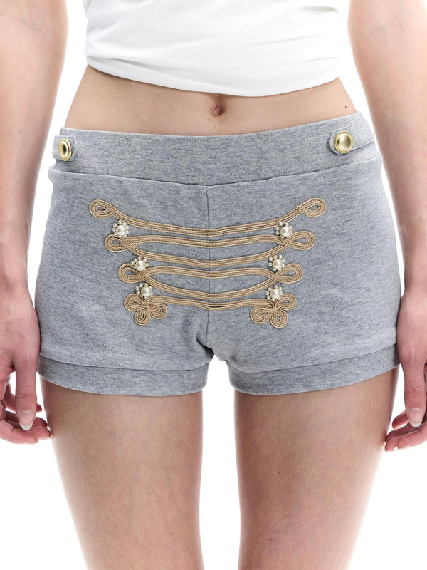 Heather Grey Gold Hand Embroidered Drawstring Knot Women's Cotton Sweat Shorts