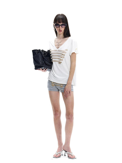 FayChui Heather Grey Gold Hand Embroidered Drawstring Knot Women&