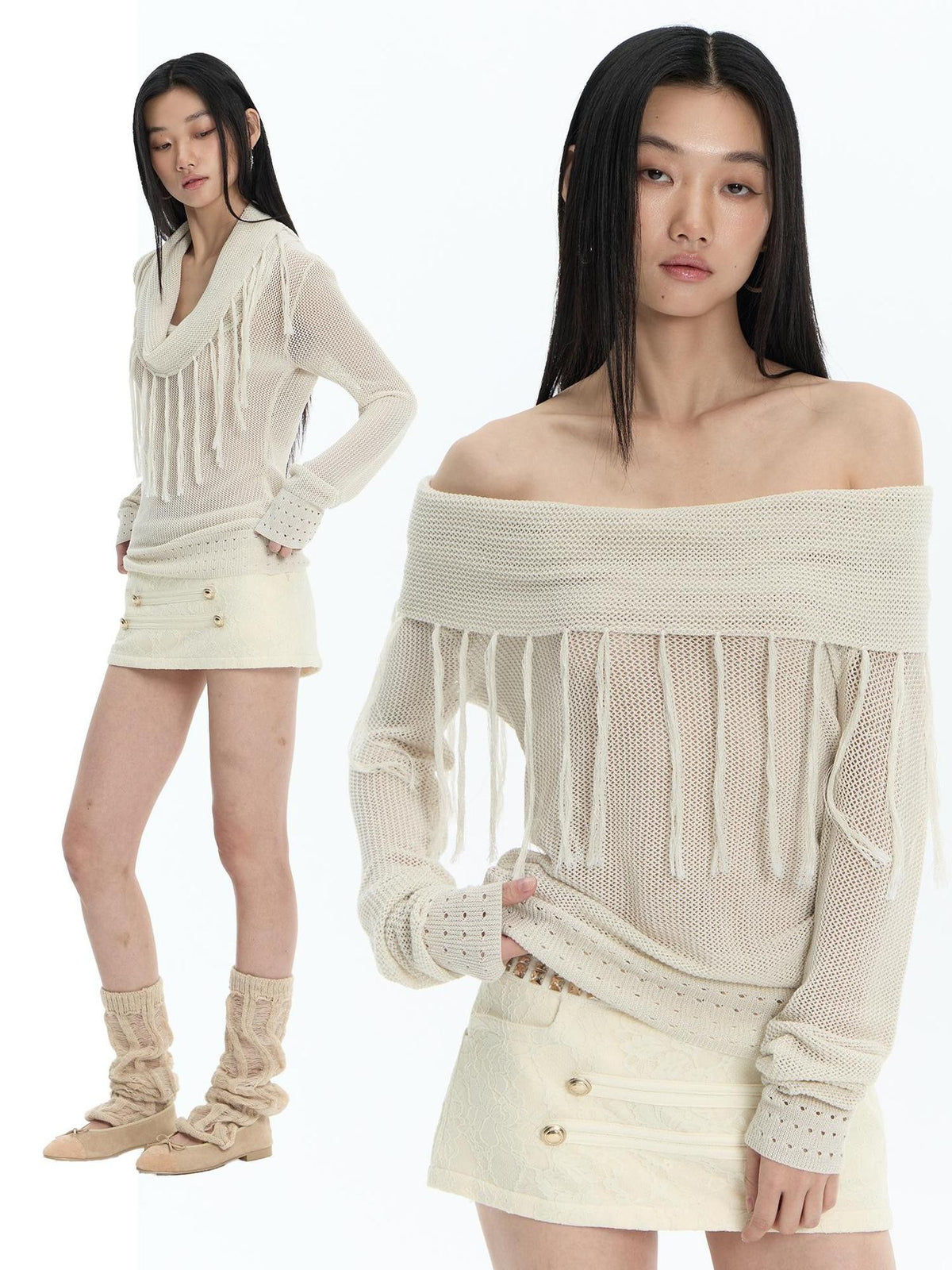 FayChui Hollow Out Fringe Draped Neck Two Way Women&