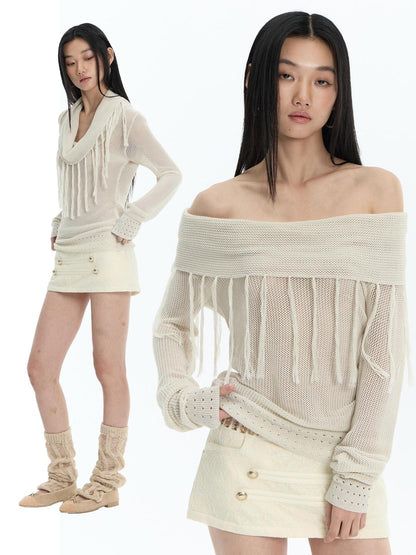 FayChui Hollow Out Fringe Draped Neck Two Way Women&