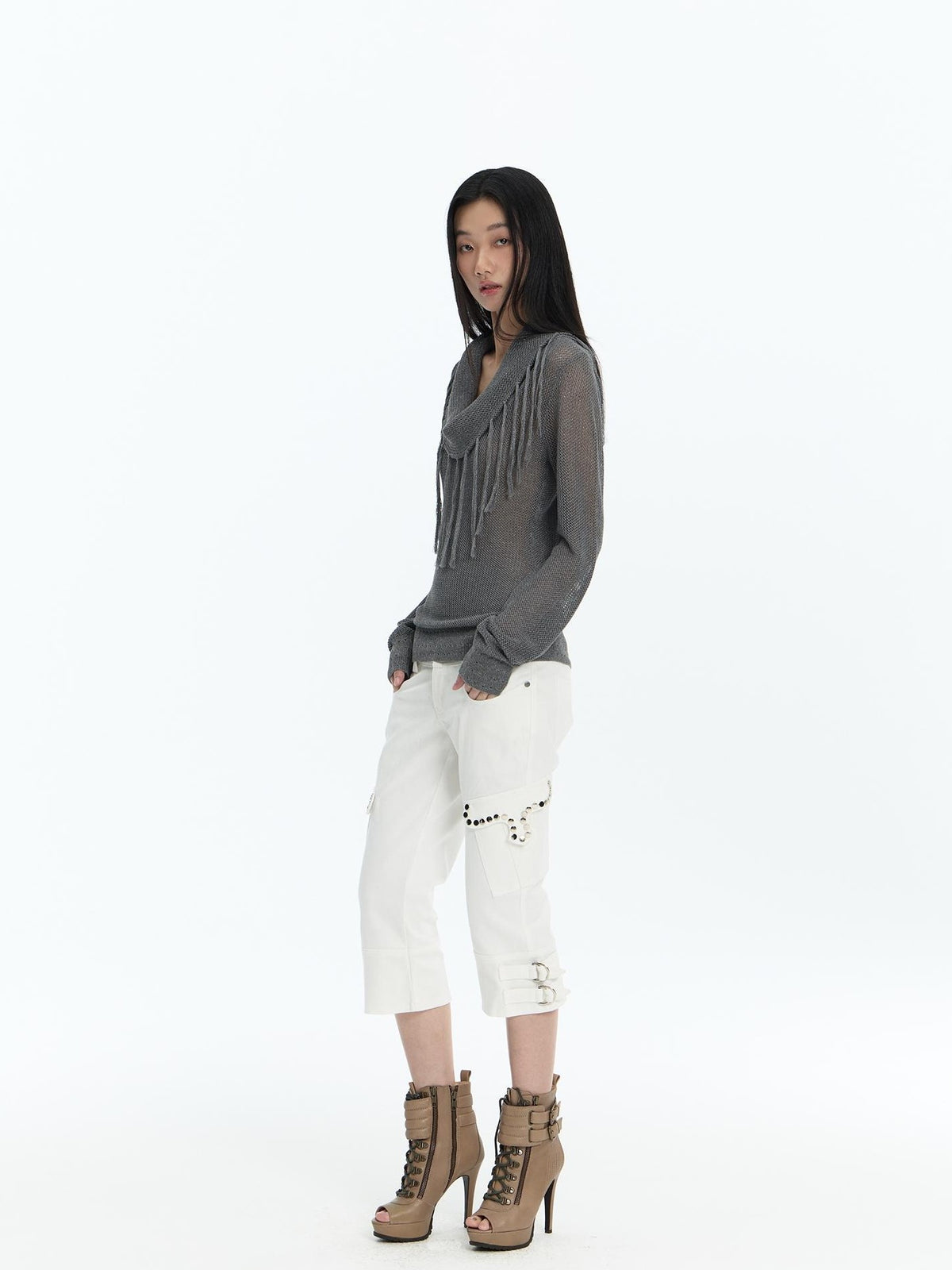 FayChui Hollow Out Fringe Draped Neck Two Way Women&