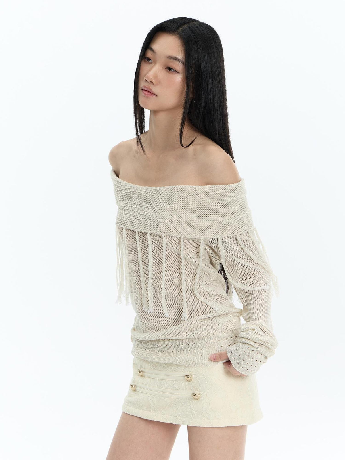 FayChui Hollow Out Fringe Draped Neck Two Way Women&