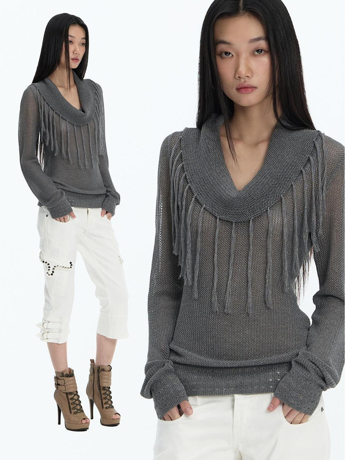 FayChui Hollow Out Fringe Draped Neck Two Way Women&