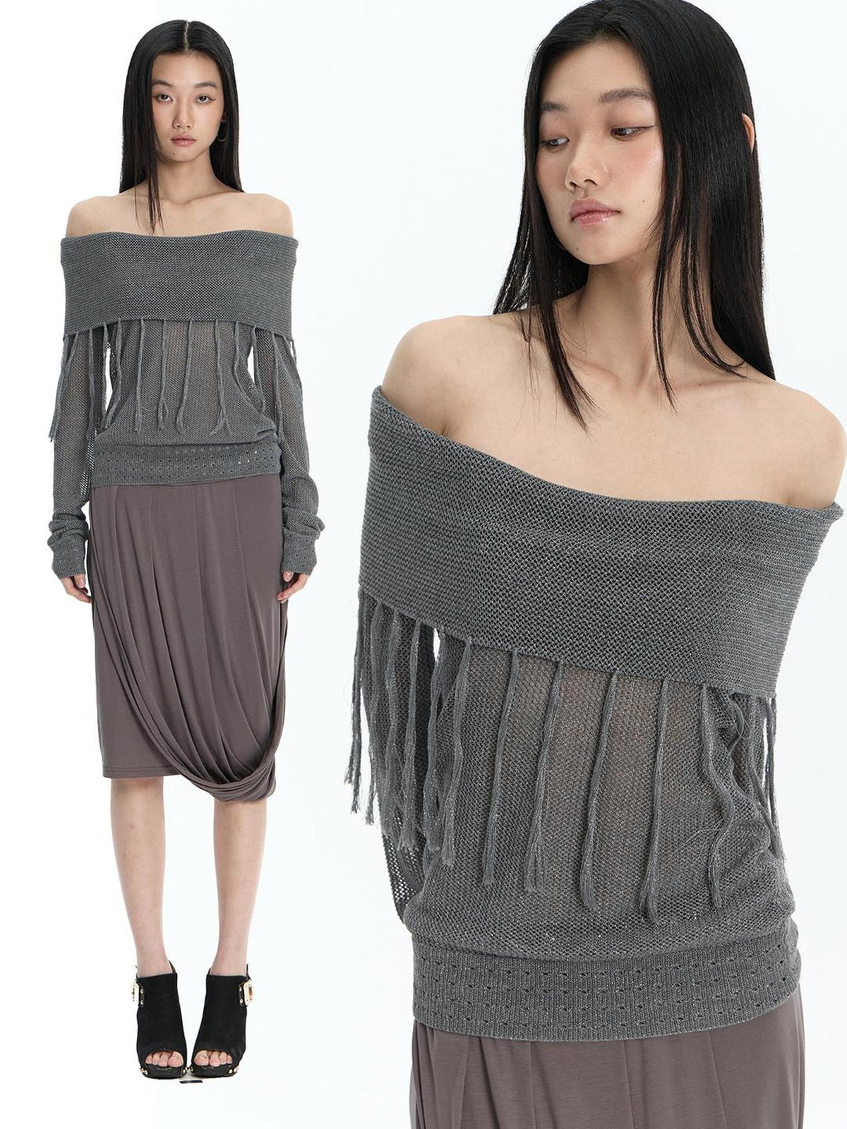 FayChui Hollow Out Fringe Draped Neck Two Way Women&