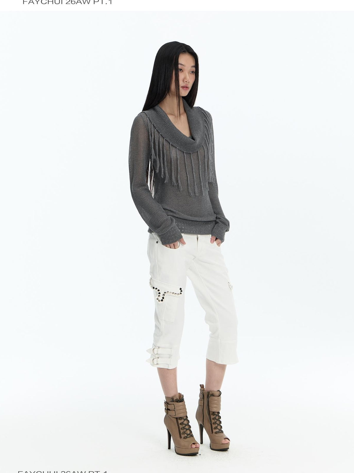 FayChui Hollow Out Fringe Draped Neck Two Way Women&