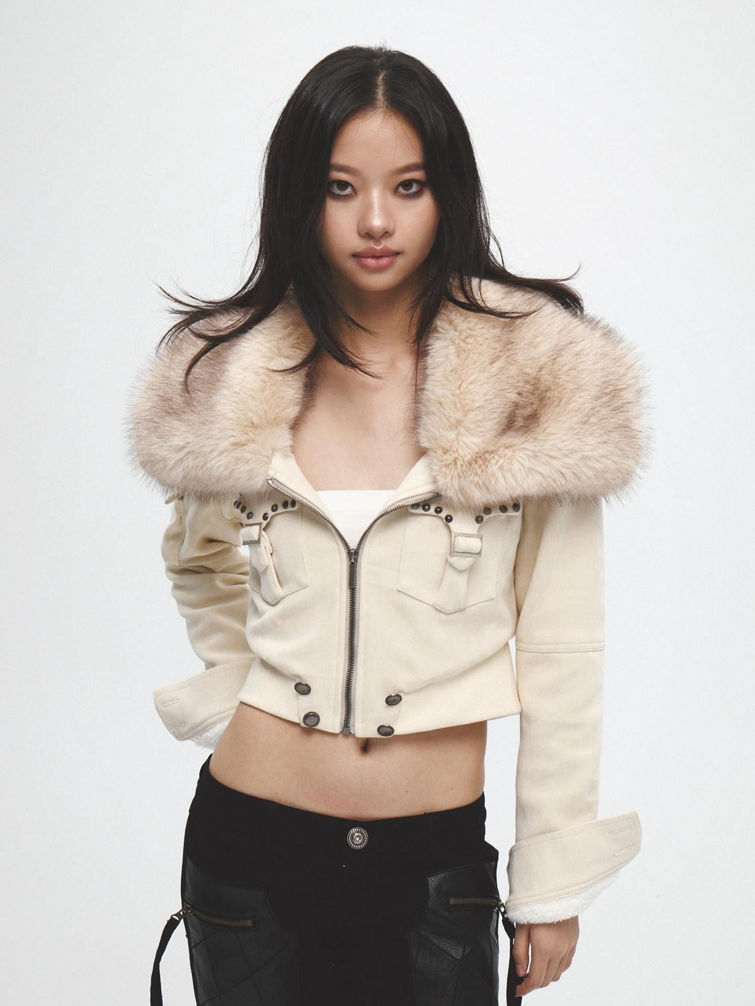 FayChui Ivory Plush Patch Pockets Lapel Collar Zip Women&