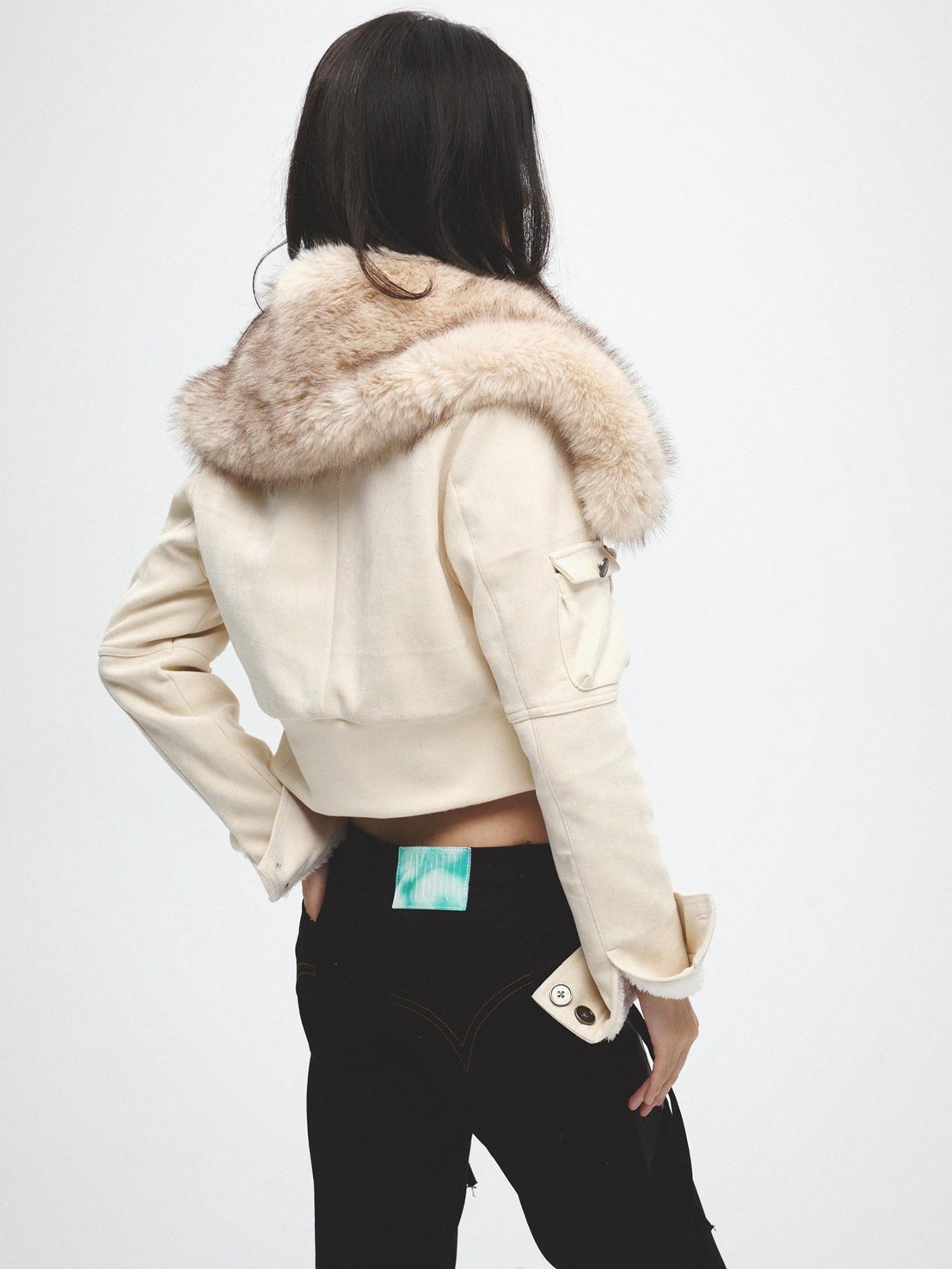 FayChui Ivory Plush Patch Pockets Lapel Collar Zip Women&