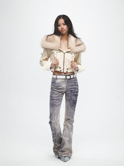 FayChui Ivory Plush Patch Pockets Lapel Collar Zip Women&
