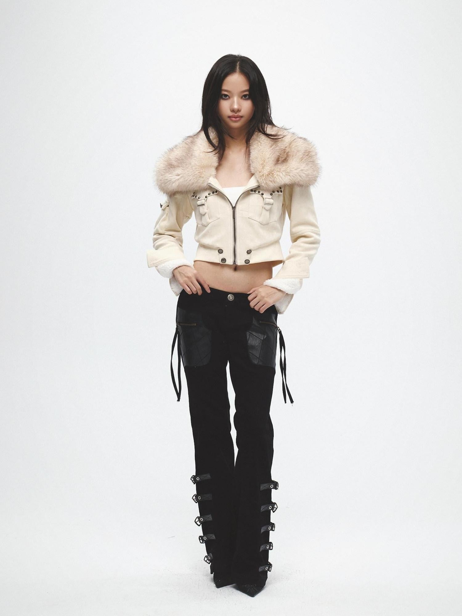 FayChui Ivory Plush Patch Pockets Lapel Collar Zip Women&