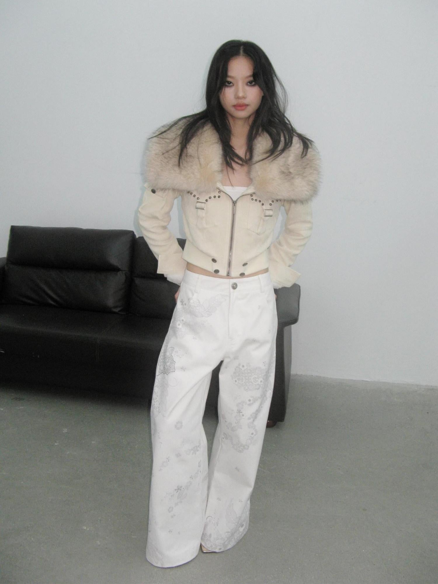 FayChui Ivory Plush Patch Pockets Lapel Collar Zip Women&