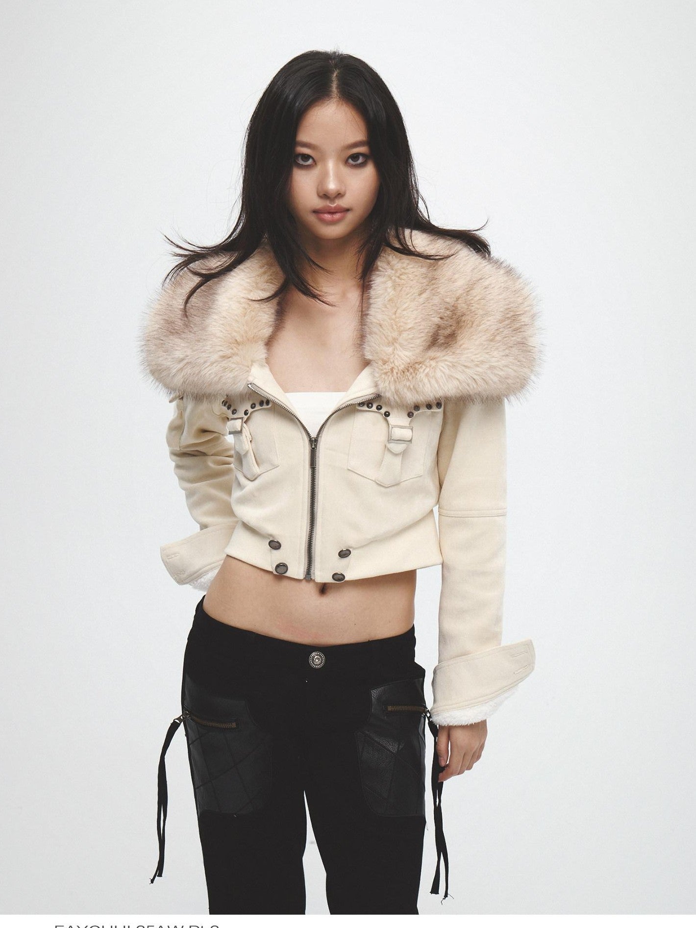 FayChui Ivory Plush Patch Pockets Lapel Collar Zip Women&