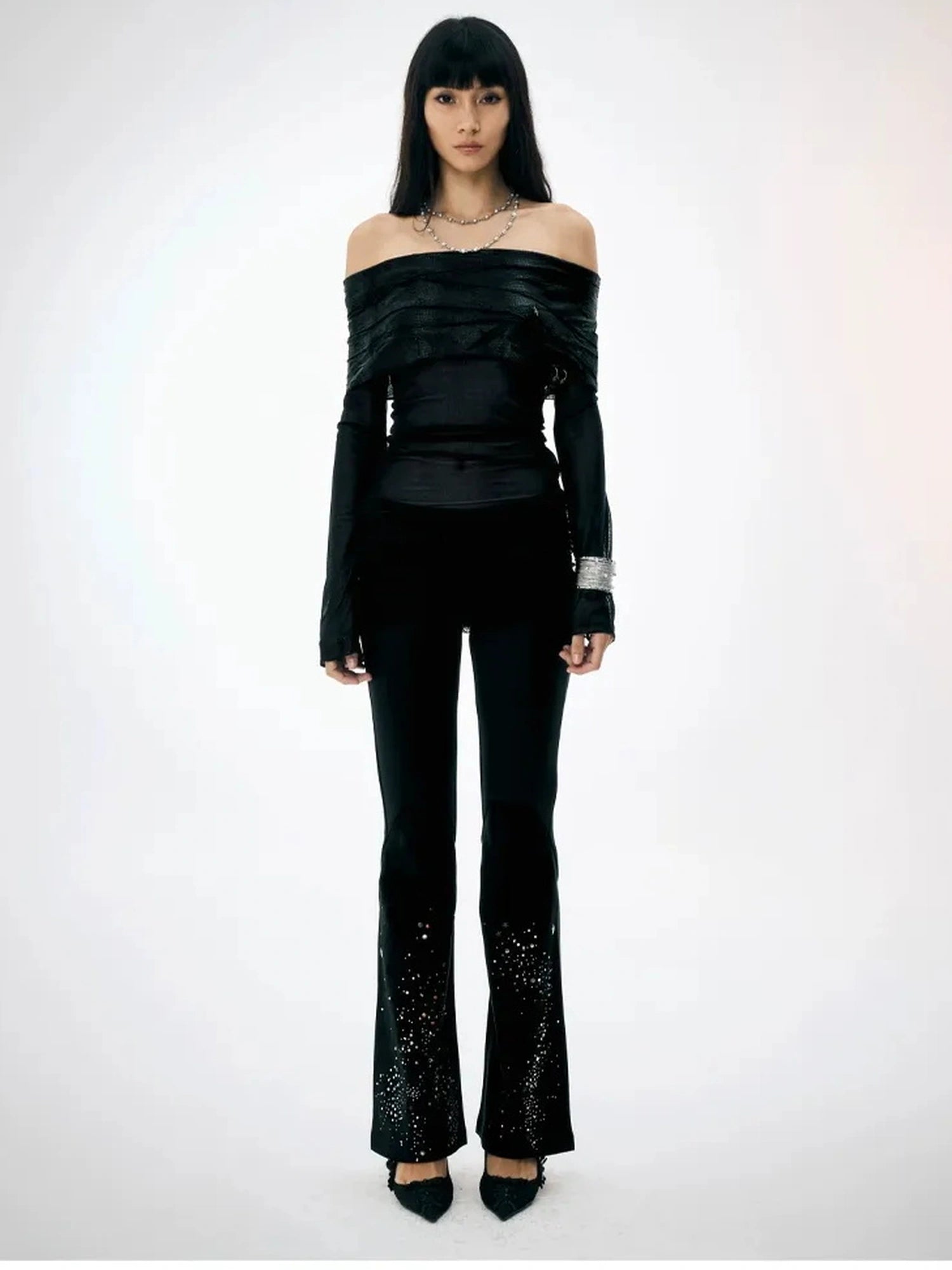 FayChui  Lace Flared Trousers With Crystal Embellishments
