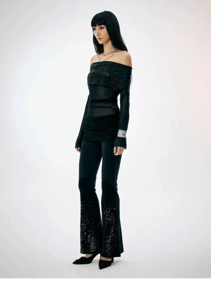 FayChui  Lace Flared Trousers With Crystal Embellishments
