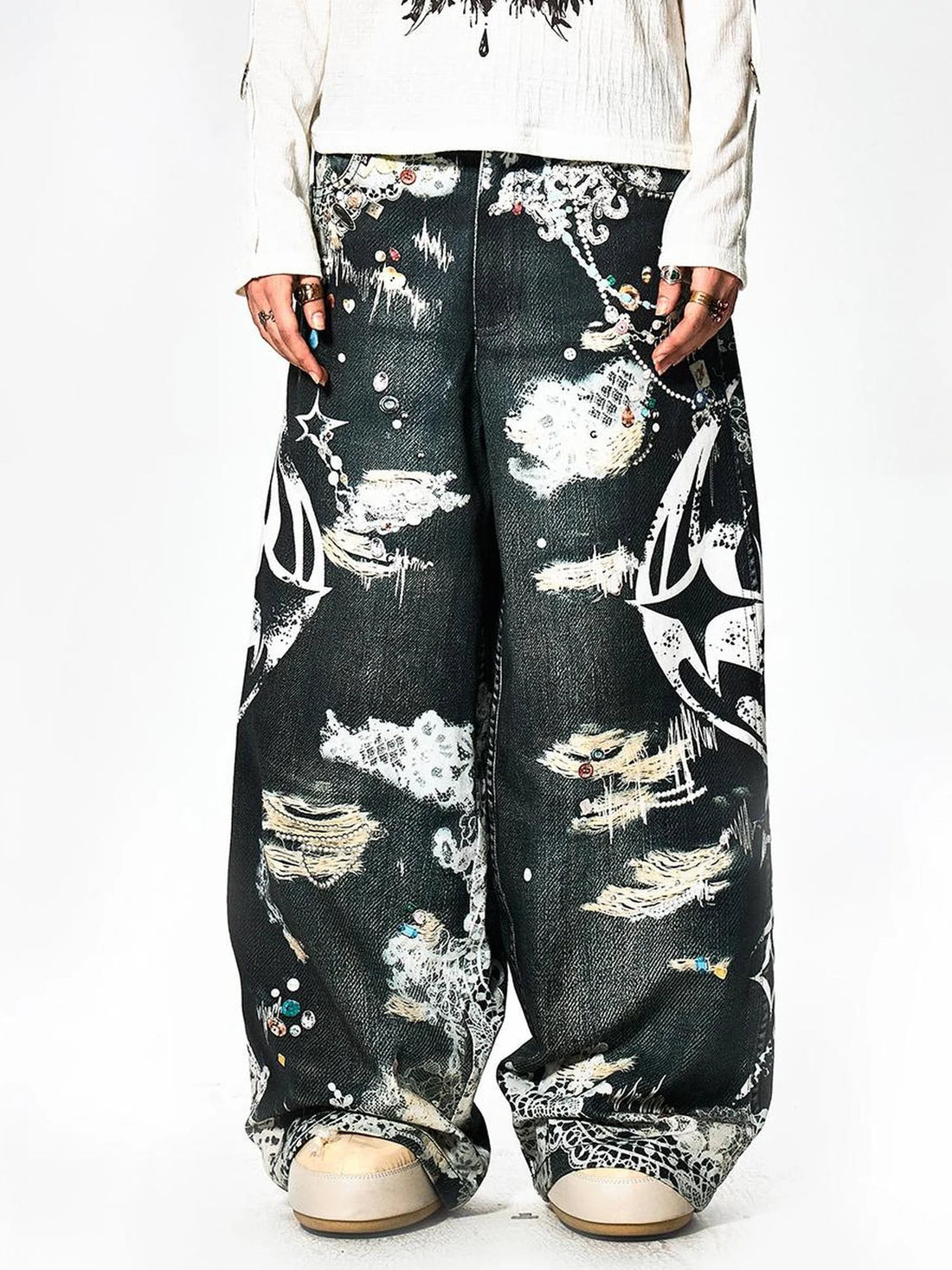 FayChui  Lace Rune Wide Leg Acid Wash Print Jeans