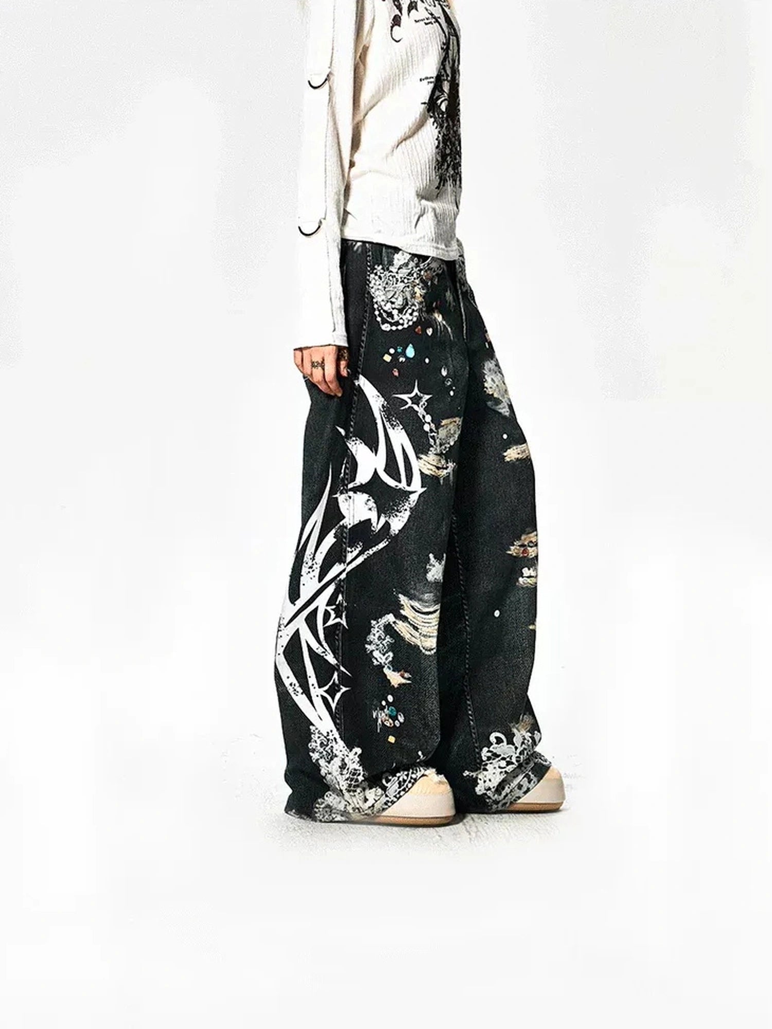 FayChui  Lace Rune Wide Leg Acid Wash Print Jeans