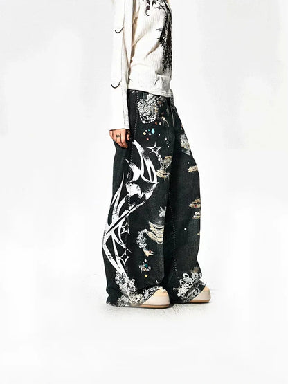 FayChui  Lace Rune Wide Leg Acid Wash Print Jeans