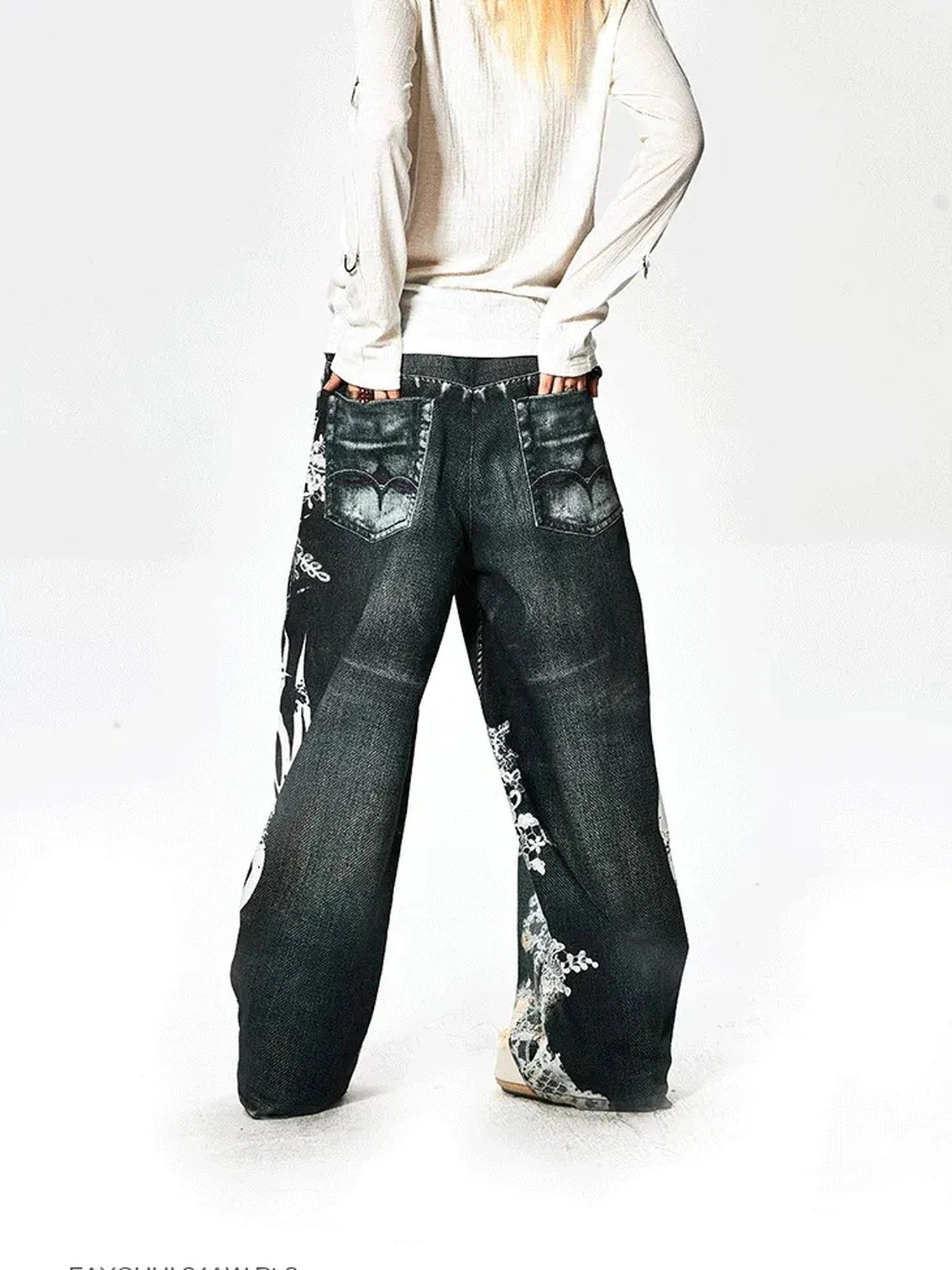FayChui  Lace Rune Wide Leg Acid Wash Print Jeans