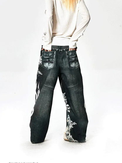 FayChui  Lace Rune Wide Leg Acid Wash Print Jeans
