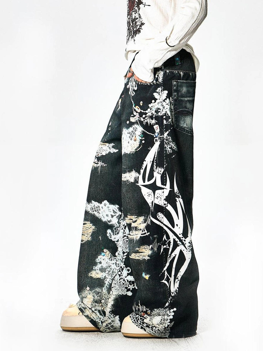 FayChui  Lace Rune Wide Leg Acid Wash Print Jeans