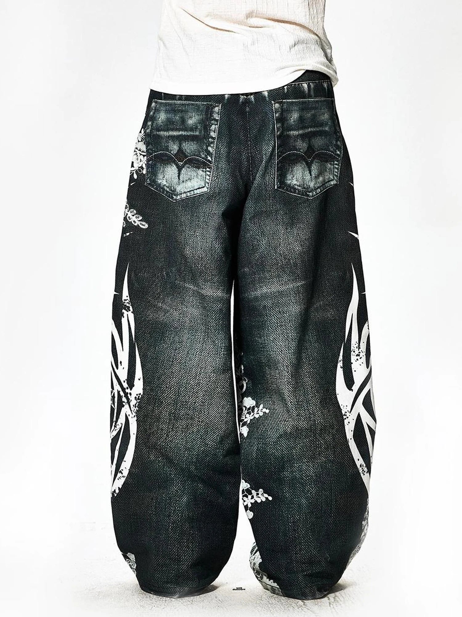 FayChui  Lace Rune Wide Leg Acid Wash Print Jeans