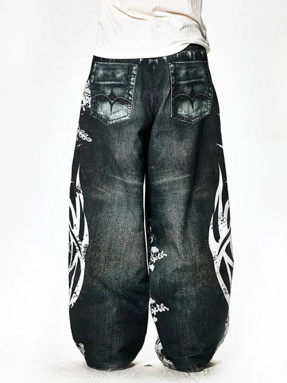 FayChui  Lace Rune Wide Leg Acid Wash Print Jeans