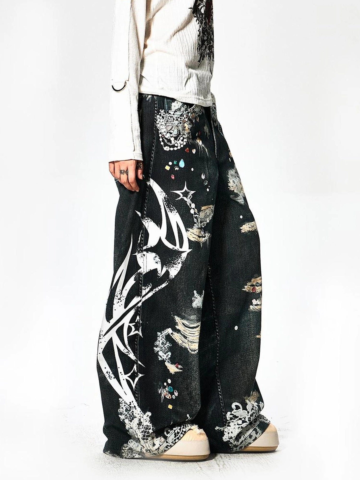 FayChui  Lace Rune Wide Leg Acid Wash Print Jeans