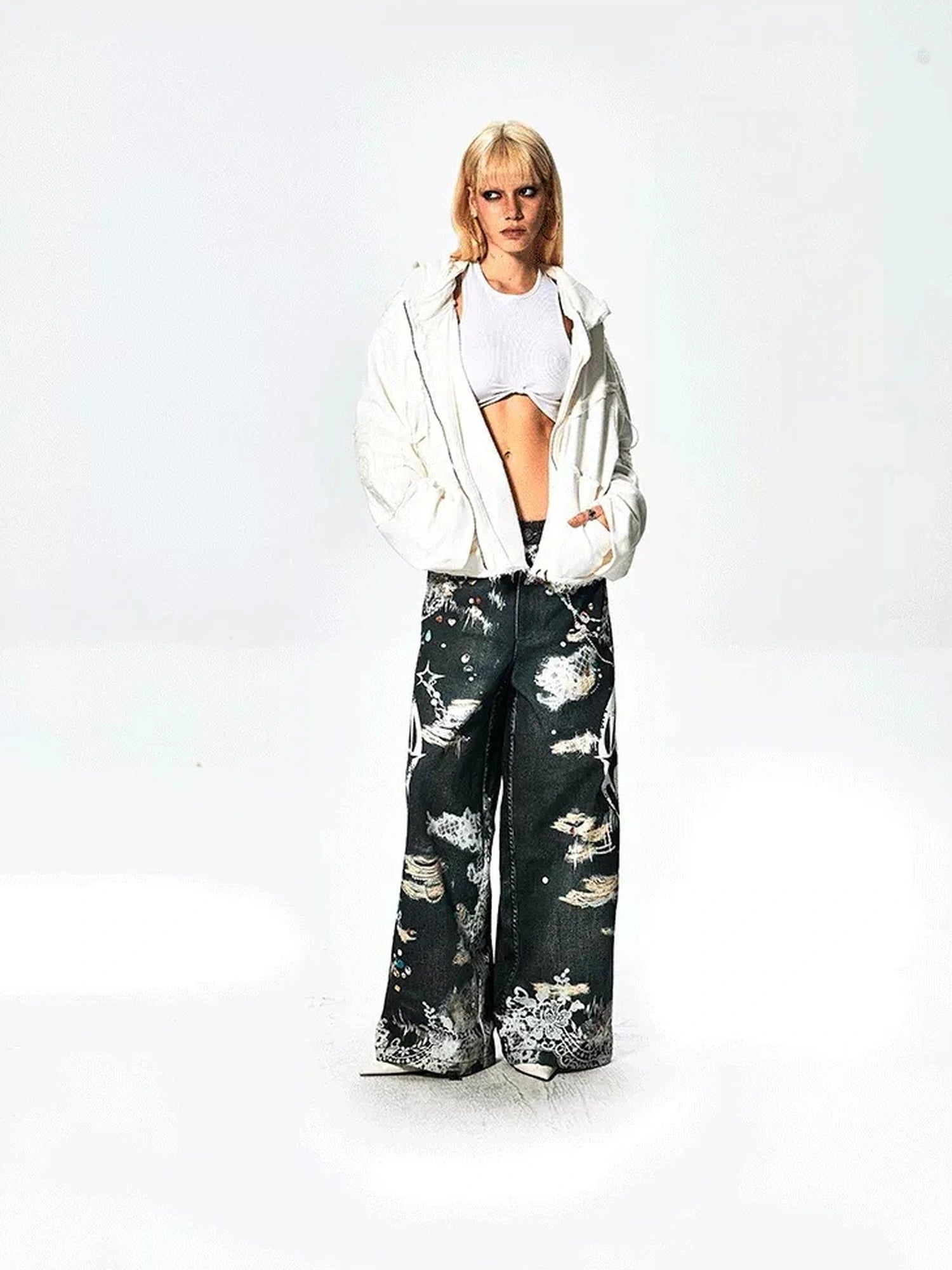 FayChui  Lace Rune Wide Leg Acid Wash Print Jeans