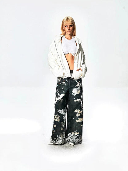 FayChui  Lace Rune Wide Leg Acid Wash Print Jeans