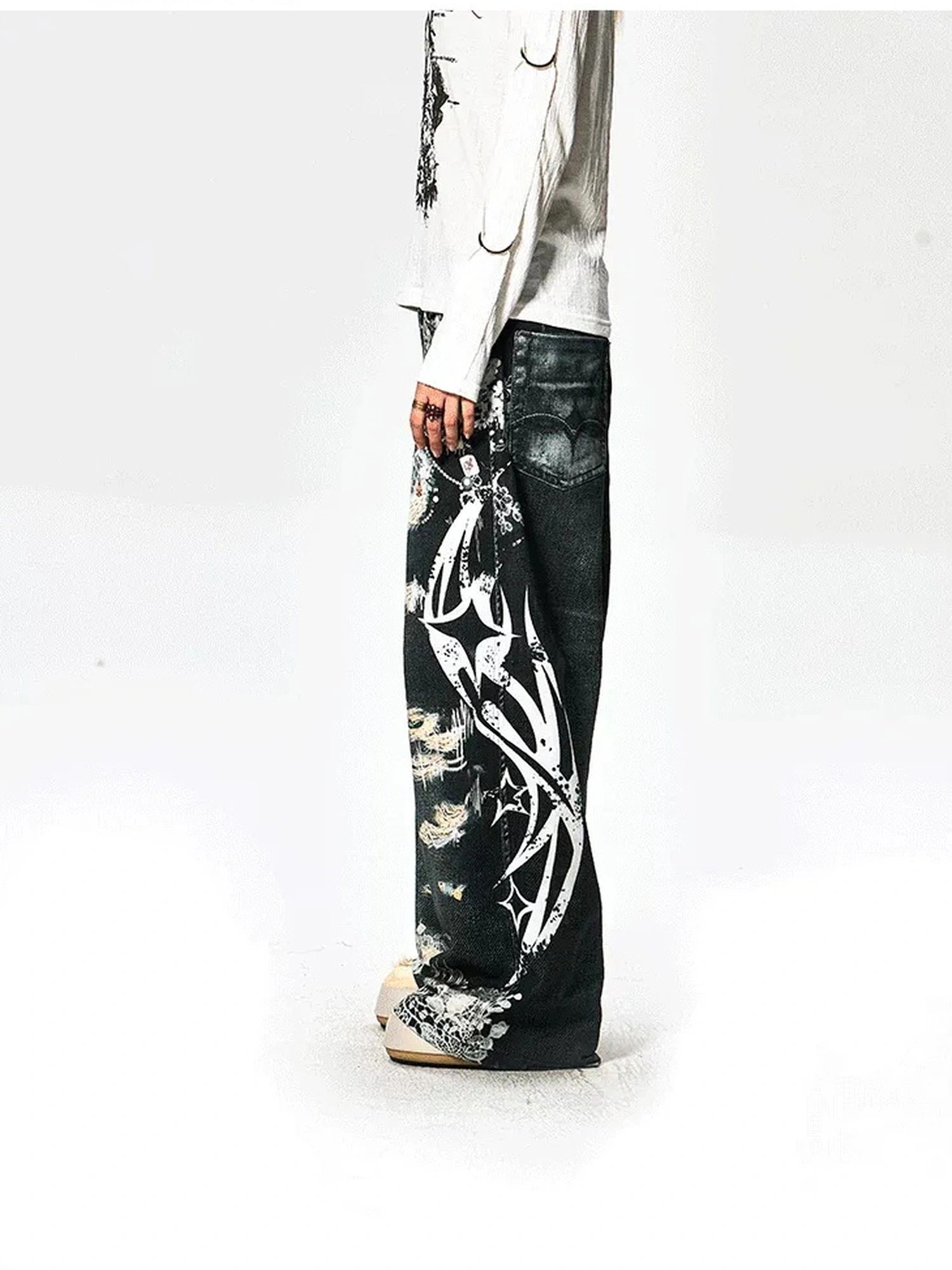 FayChui  Lace Rune Wide Leg Acid Wash Print Jeans