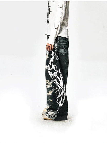 FayChui  Lace Rune Wide Leg Acid Wash Print Jeans
