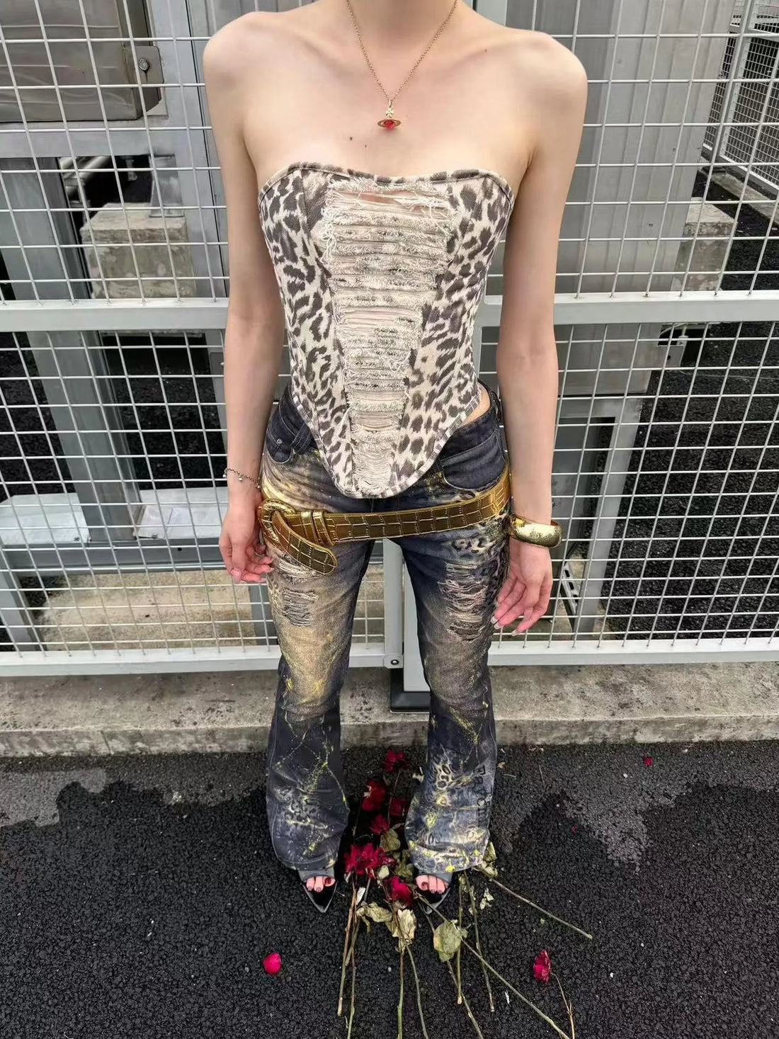 FayChui  Leopard Fringe Distressed Bustier Top