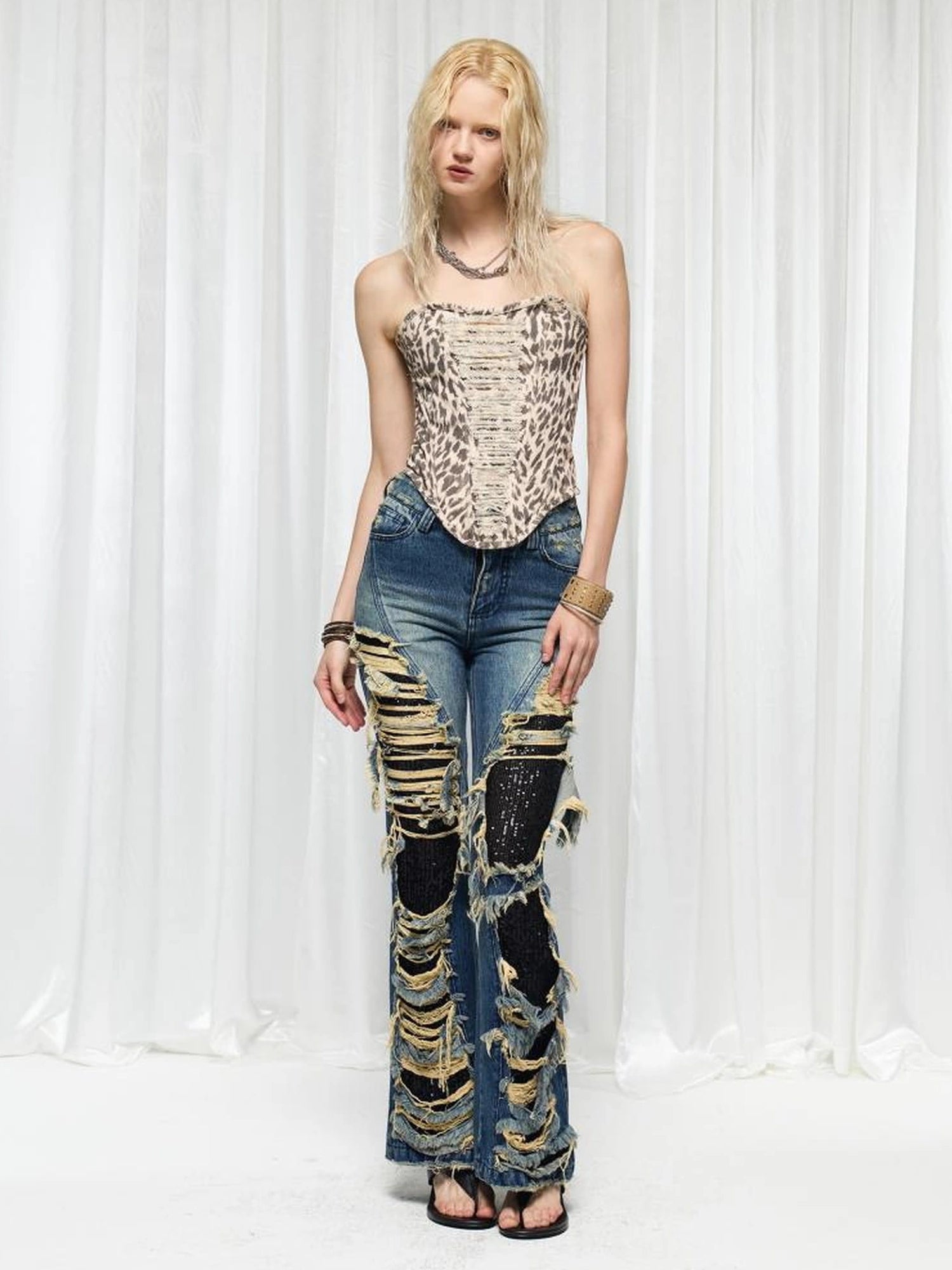 FayChui  Leopard Fringe Distressed Bustier Top