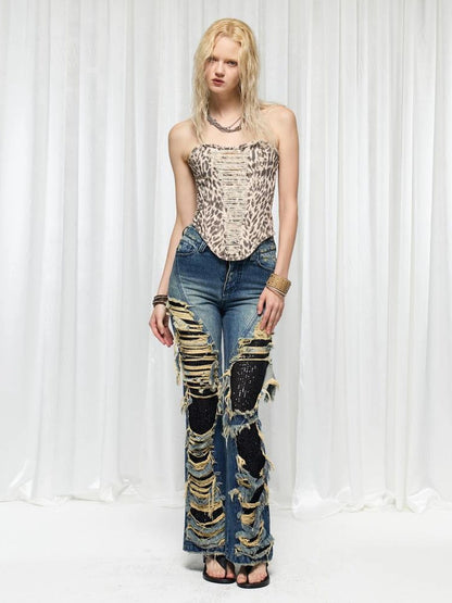 FayChui  Leopard Fringe Distressed Bustier Top