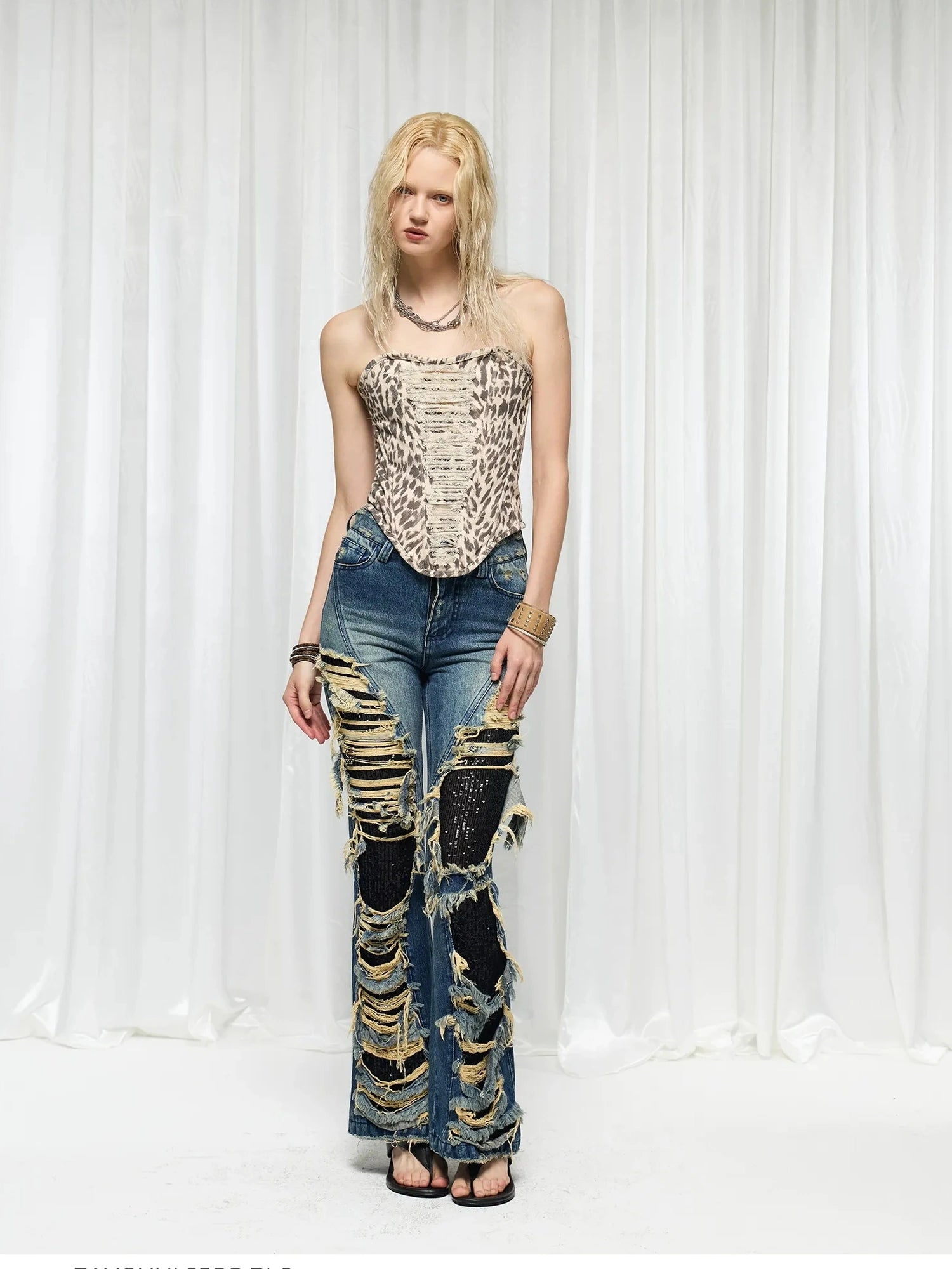FayChui  Leopard Fringe Distressed Bustier Top